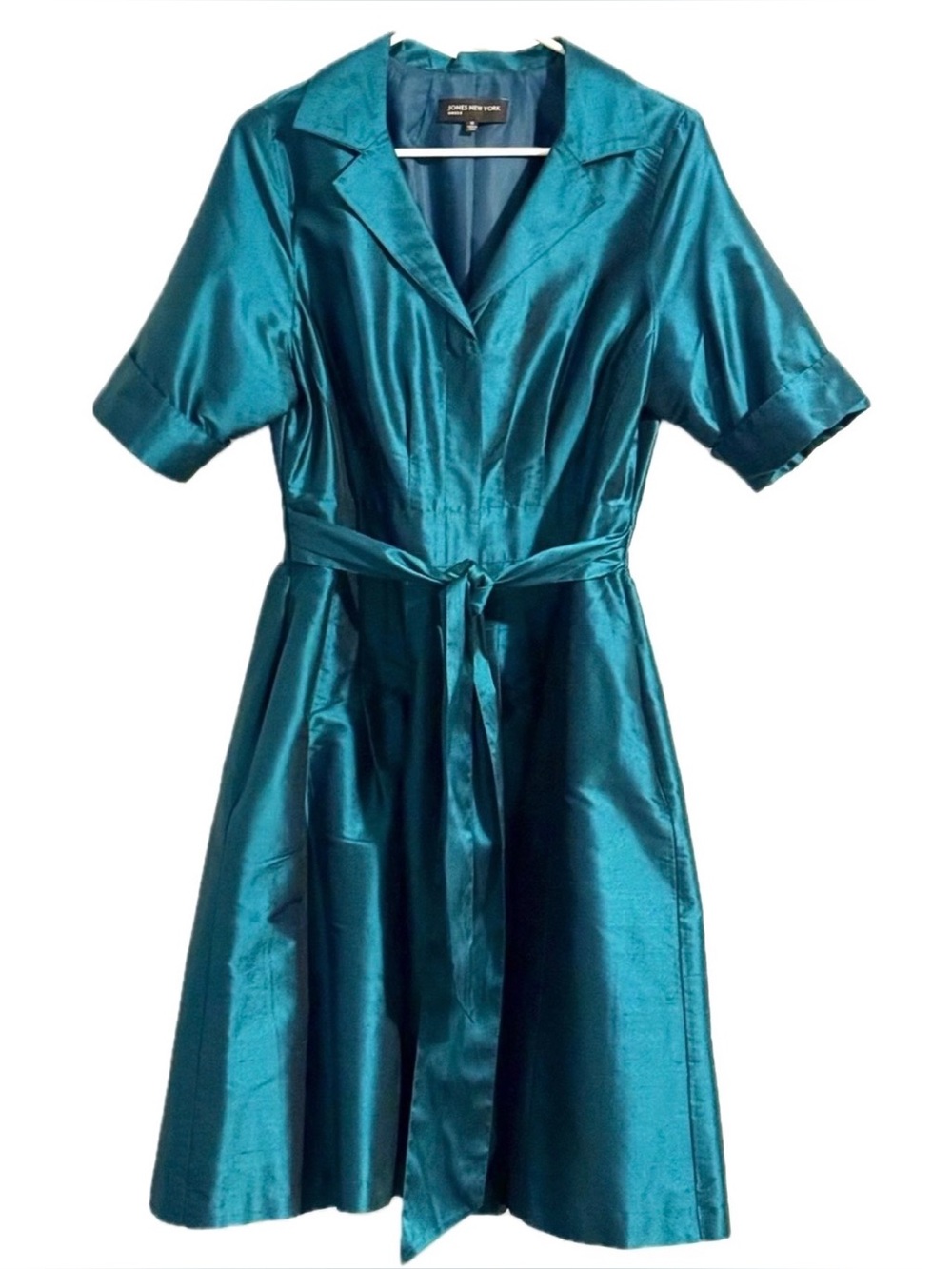 Jones New York Teal Satin A-Line Shirtdress Size 16 Vintage Jewel Tone Satin